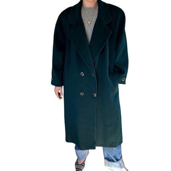 Vintage Ann Milstein Emerald Green Wool Exaggerated Shoulders Trench Coat Sz XL - Picture 8 of 12
